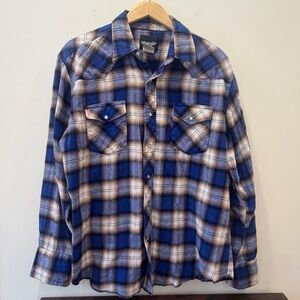 Vintage Wrangler mens XL flannel cotton pearl snap Blue Plaid long sleeve shirt